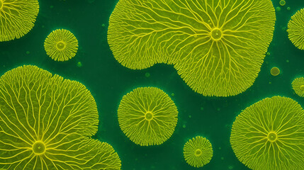 Microscopic view of algal cells containing golden chromatophores