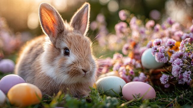 A cute brown bunny with pink and purple Easter eggs in a grassy field with flowers.