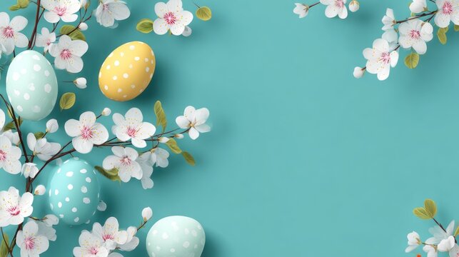 Easter eggs and cherry blossoms on a blue background.