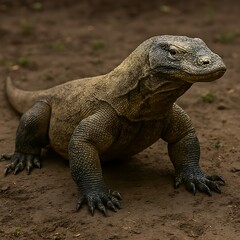 Komodo dragon standing on rugged terrain with rugged texture, outdoors in natural habitat, captured in a close-up, realistic illustration