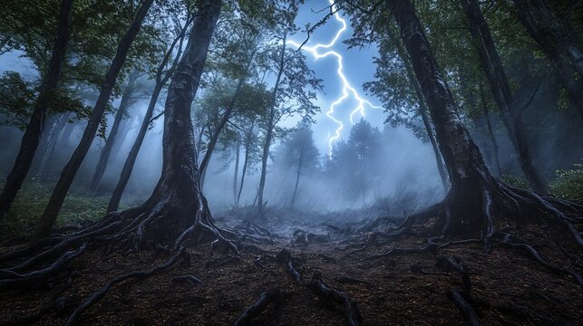 Stormy horror forest with flashes of lightning illuminating twisted branches dense fog rolling in and claw like roots snaking across the forest floor evoking an ominous presence
