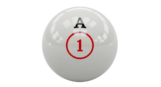Closeup of a white billiard ball with the letter A and number 1.