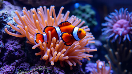 bubble tip anemone move poison tentacles, animal protect aggressive ocellaris clownfish, fish colony, water flow, reef marine aquarium hobby for experienced aquarist, pet shop, actinic LED low light