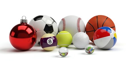 Collection of Various Sports Balls and a Christmas Ornament.