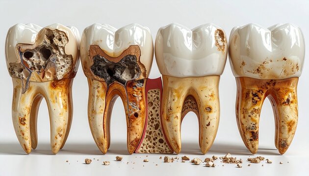 Set of decayed teeth. Dental health. Tooth decay stages. Unhealthy teeth with cavities. White background. Dental problems. Vector illustration.