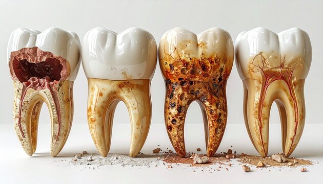 Set of four teeth with different levels of decay. Healthy tooth. Tooth with cavity. Tooth with plaque. Tooth with erosion. Dental health. Teeth on white background. Dental problems. Vector