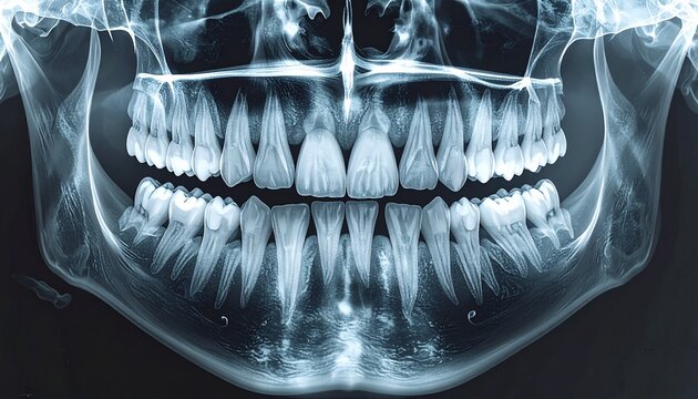Dental X-ray image. Human teeth and jaw. Radiograph of mouth. Dental care. Orthodontic treatment. Teeth alignment. Jawbone structure. Dental health. Medical imaging. X-ray scan.