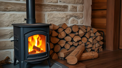 Wood stove and firewood cozy interior