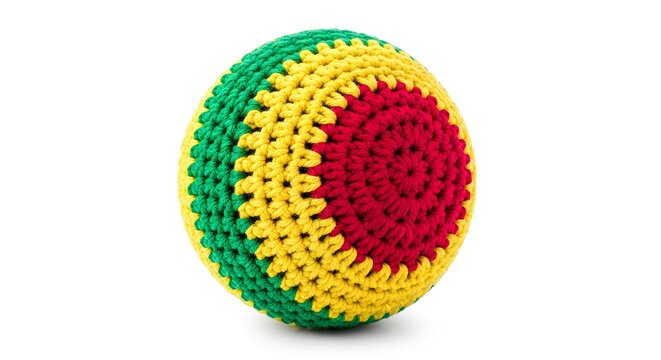Colorful Crocheted Hacky Sack Ball on White Background.