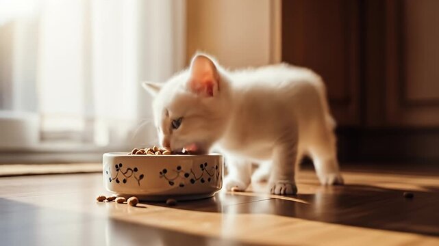 Small white kitten eats from a floral-patterned bowl on shiny wooden floor