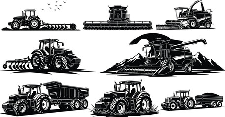 Black silhouette collection of modern farming tractors and combine harvesters working in fields, agricultural machinery vector icons for rural industry and harvesting design.