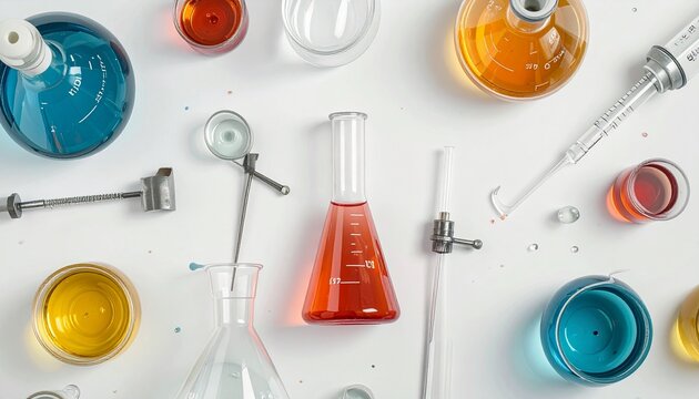 Laboratory equipment and supplies. Beakers, flasks, test tubes, pipettes. Science lab tools. Medical research instruments. Chemistry glassware. White background. Laboratory setting.