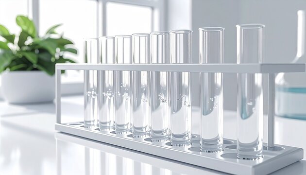 Test tube rack with clear glass tubes. Laboratory equipment on white table. Science and research tools. Glassware for chemistry experiments. Clear tubes in metal rack. Lab setting with