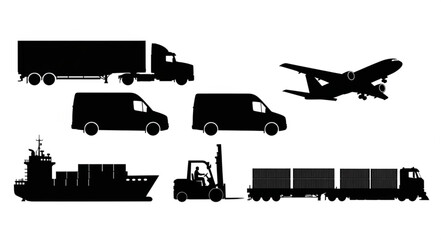 Collection of transportation vehicles and cargo equipment silhouettes. © Tama