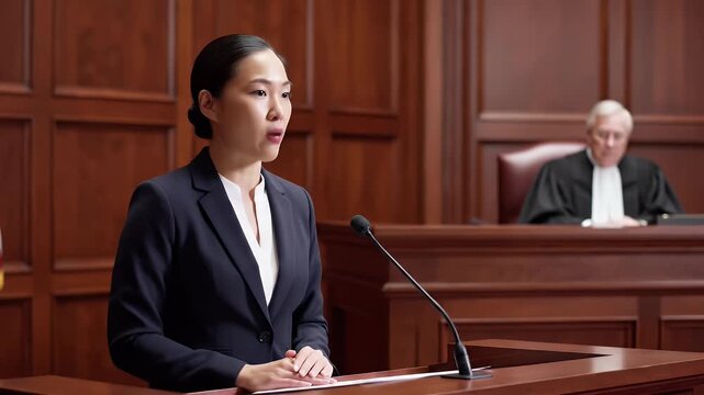 Asian Woman Attorney in Dark Blue Suit Speaking at Podium with Wooden Paneling and Judge in Background