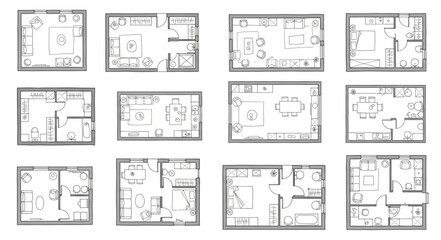 Collection of twelve hand drawn architectural floor plans. © Tama
