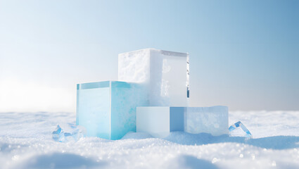 Several translucent ice blocks are artistically arranged on a snowy surface under a bright sky.