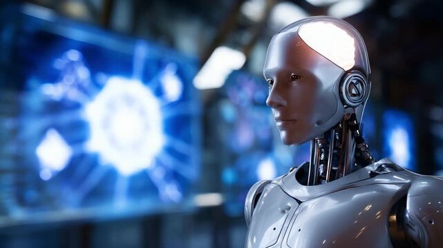 Futuristic humanoid robot with a glowing brain interface stands against a high-tech background, showcasing advanced technology and artificial intelligence innovation.