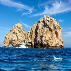 Majestic rocky arch rising from the ocean, beneath a brilliant blue sky
