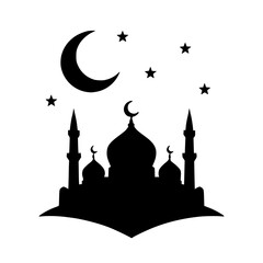 Elegant silhouette of beautiful mosque under a crescent moon and stars