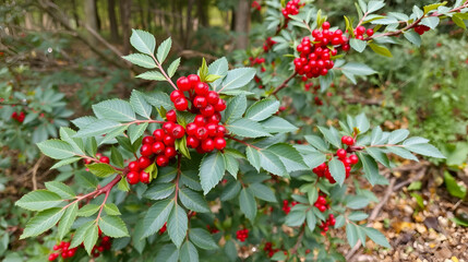 Barberry shrub with dark green leaves and red berries in a forest environment, nature, Chinese barberry, shrub