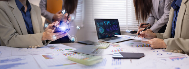 Business team analyzing financial data and cloud computing technology with digital dashboard and...