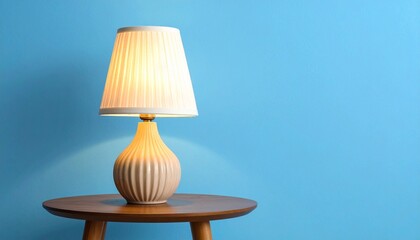 "A beige table lamp with a pleated shade on a round wooden side table against a light blue wall, casting soft warm light for cozy interior design."