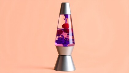 "A metallic lava lamp with purple liquid and red wax blobs rising inside, glowing against a peach background, symbolizing retro decor, physics motion, and colorful ambiance."