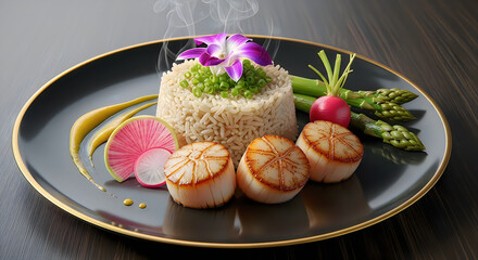 Gourmet Seared Scallops with Fluffy Rice Pilaf, Steamed Asparagus, Radish and Edible Flower Garnish - Elegant Fine Dining Presentation