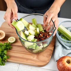 a woman prepares slices on a cutting board ingredients for a celery smoothie and puts them in a blender bowl