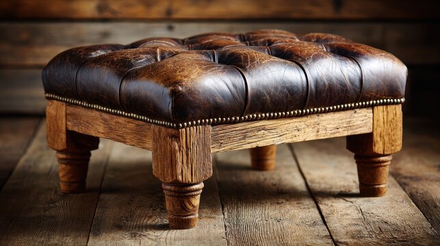 Elegant Brown Leather Ottoman with Wooden Legs on Rustic Wood Floor