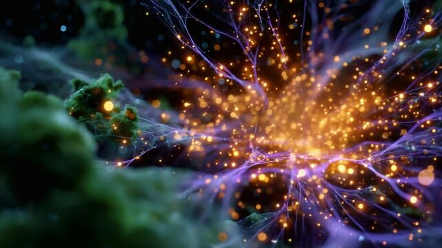 A stunning visualization of interconnected neural networks producing vibrant energy, showcasing the beauty of biological processes at a microscopic level.