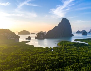 Aerial view of a seascape. Lush green trees meet the calm blue water, with unique rock formations and a bright sky