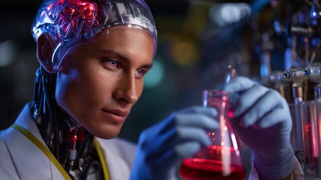 A futuristic scientist, merging human intellect and robotic technology, carefully examines a glowing red liquid in a laboratory filled with advanced instruments.