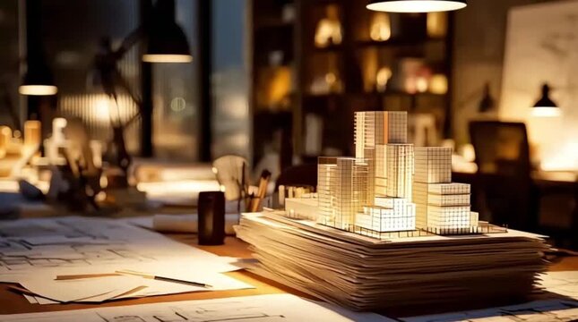 Architectural model on a desk with papers and lamps in a modern office.