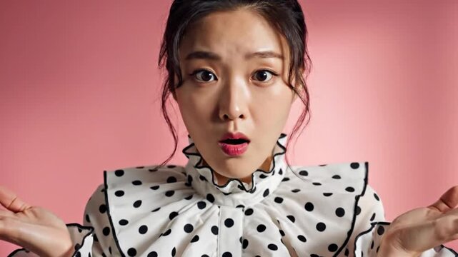 Woman with surprised expression wearing a polkadot blouse against a pink background