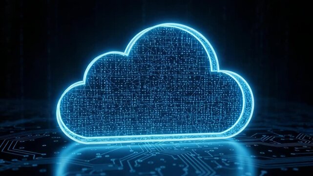 Stylized glowing cloud icon with intricate circuitry, perfect for representing cloud services and digital storage.