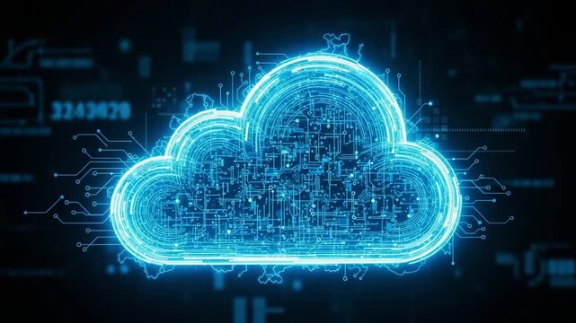 Digital cloud symbol formed from glowing circuits and data streams, representing cloud computing and connectivity.