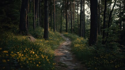 Obraz premium Sun Dappled Forest Path with Yellow Wildflowers Ground Level View in Woodland Setting with Sunlight Filtering Through Trees and Stone Pathway