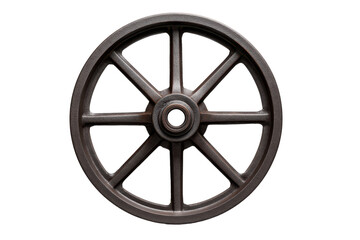 Obraz premium Dark brown cast iron spoked wheel isolated on black background metal circular, Isolated On White Background, Png Transparent