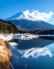 Majestic snow-capped mountain reflects in serene, icy lake