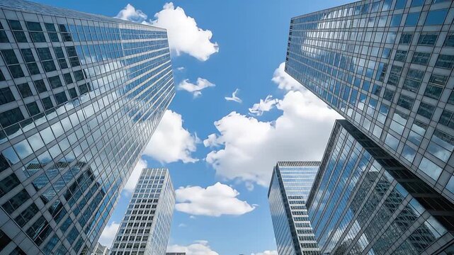 Modern high-rise skyscrapers with reflective glass facades reaching towards a clear blue sky dotted with fluffy white clouds, urban cityscape, low angle perspective