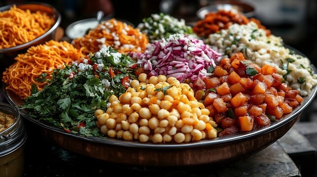 Street food scene with plates of chaat topped with yogurt chutneys and sev offering the vibrant flavors of Indian snacks