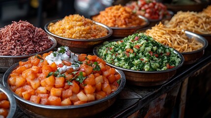 Obraz premium Street food scene with plates of chaat topped with yogurt chutneys and sev offering the vibrant flavors of Indian snacks
