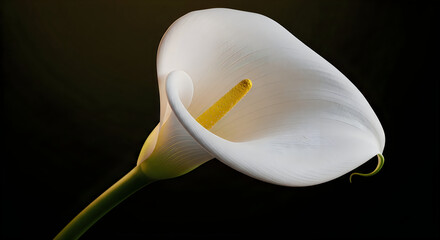 Elegant White Calla Lily Flower with Yellow Stamen, Delicate Petals with Water Droplets, Macro Detail, Dark Background, Floral Beauty