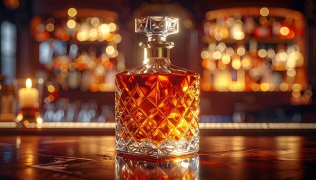Gleaming crystal decanter filled with amber liquid, catching light prisms, captured in realistic photography during an ambient evening.