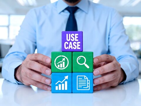 Man stacking blocks showing icons for business growth, search, and document analysis, explaining Use Case development for projects. United States, USA , Canada, Australia 4K 8K  . Ai gen