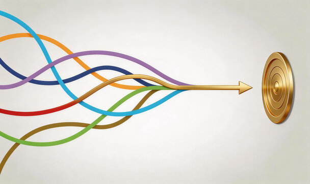 Abstract illustration of colorful, winding wires converging to a golden target with an arrow, symbolizing direction, goals, and convergence in business, technology, or strategy.
