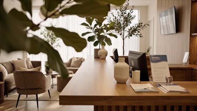 Modern living room interior with furniture, plants, and decor viewed from a cozy perspective, showcasing a harmonious blend of comfort and style