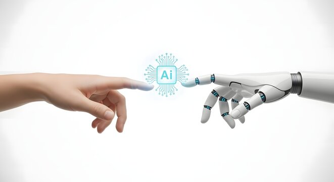 Human and robot hands reaching towards an AI brain icon on a white background, representing artificial intelligence and technological collaboration.